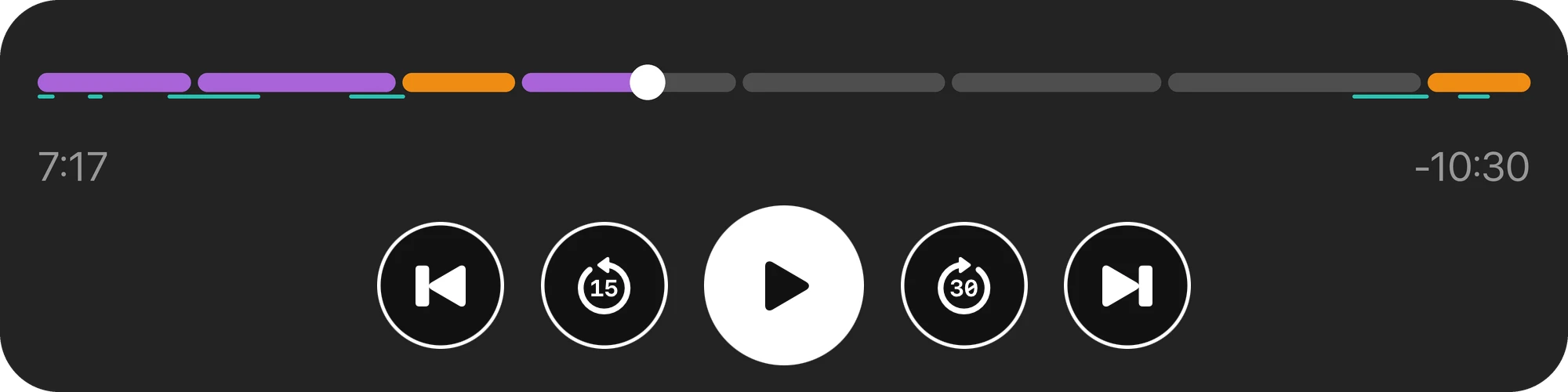 DarkCast playback controls with chapter segments, music markers, highlighted ads and chapter skip buttons