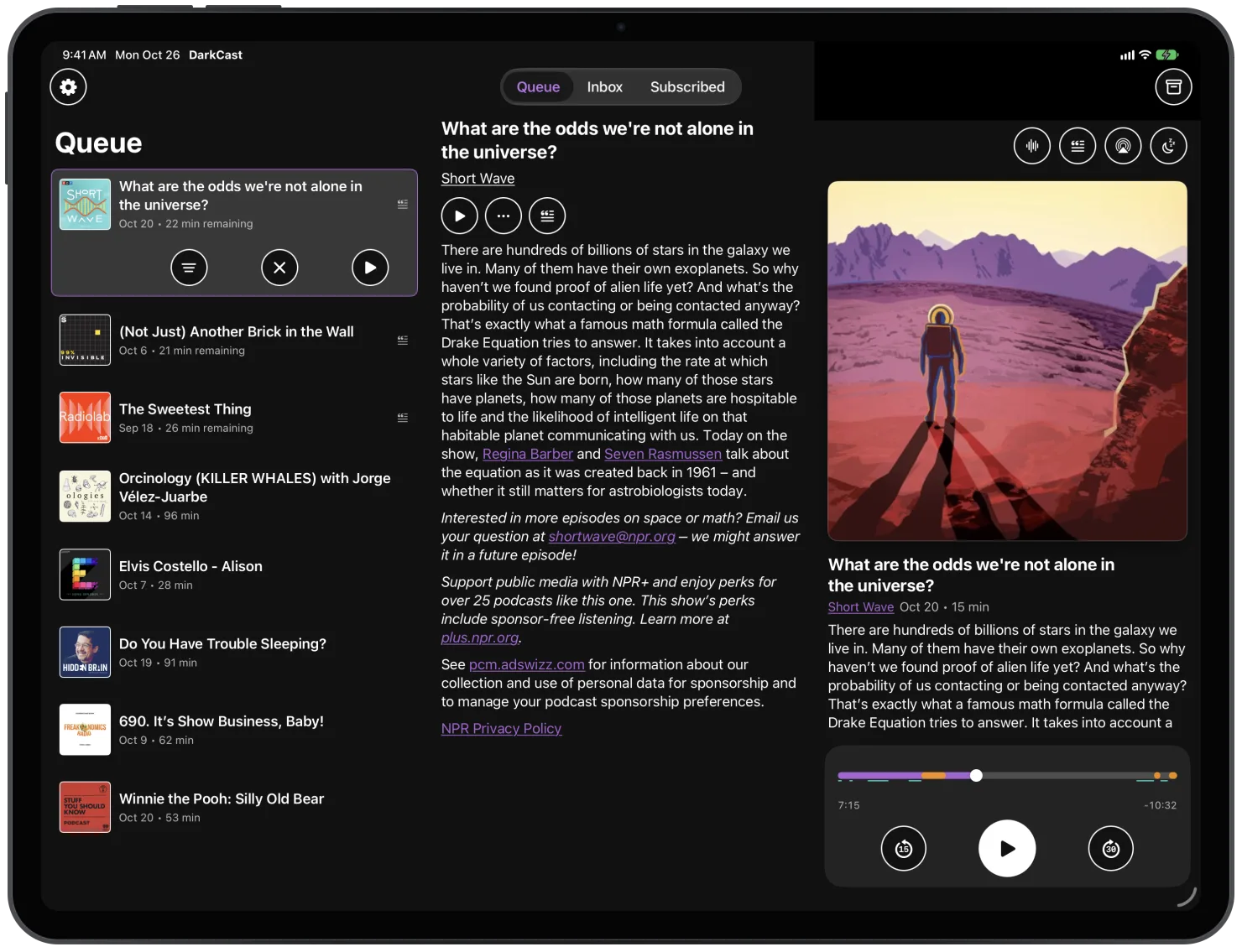 The DarkCast queue on iPad in landscape and dark mode