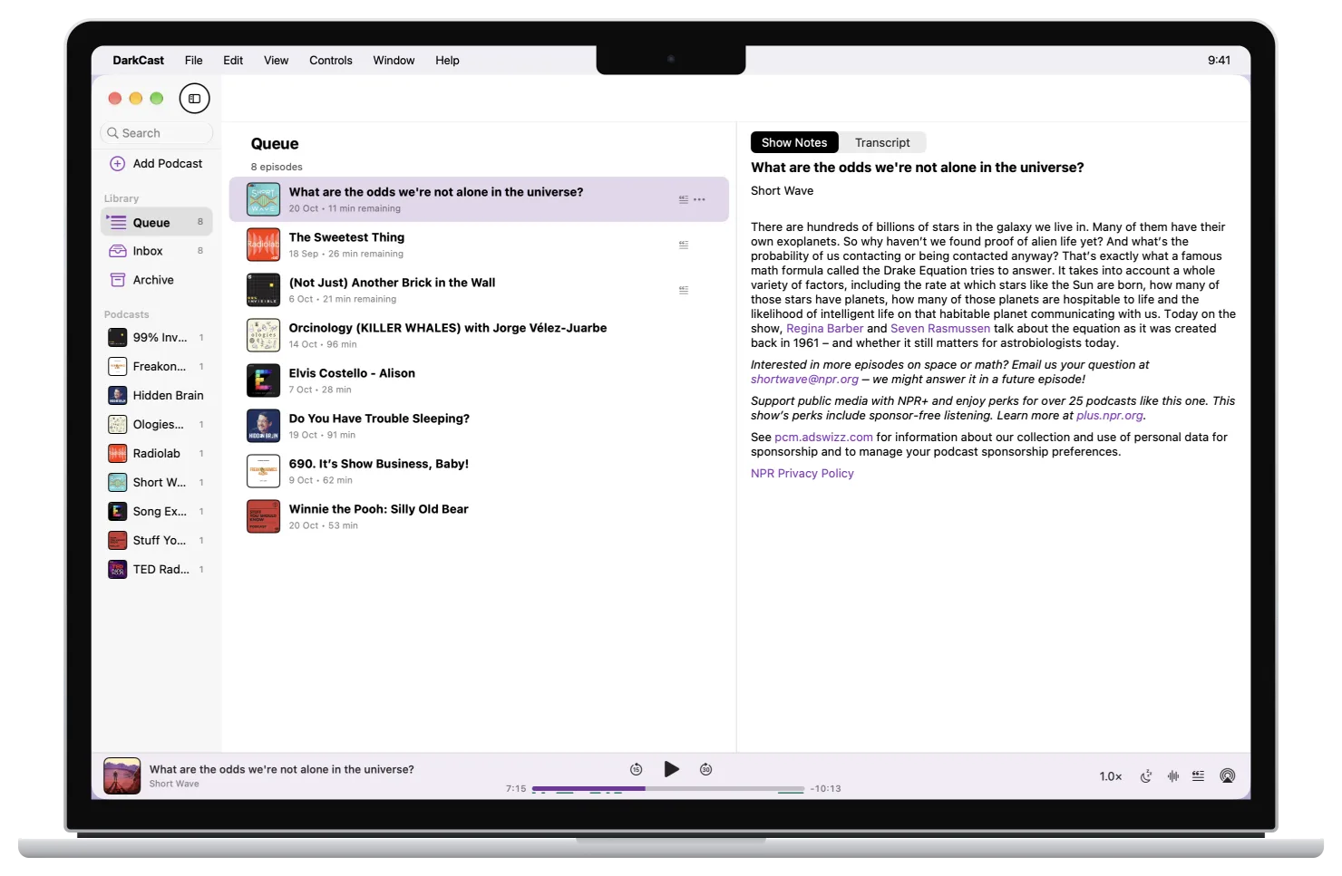 The DarkCast queue in the Mac app in light mode