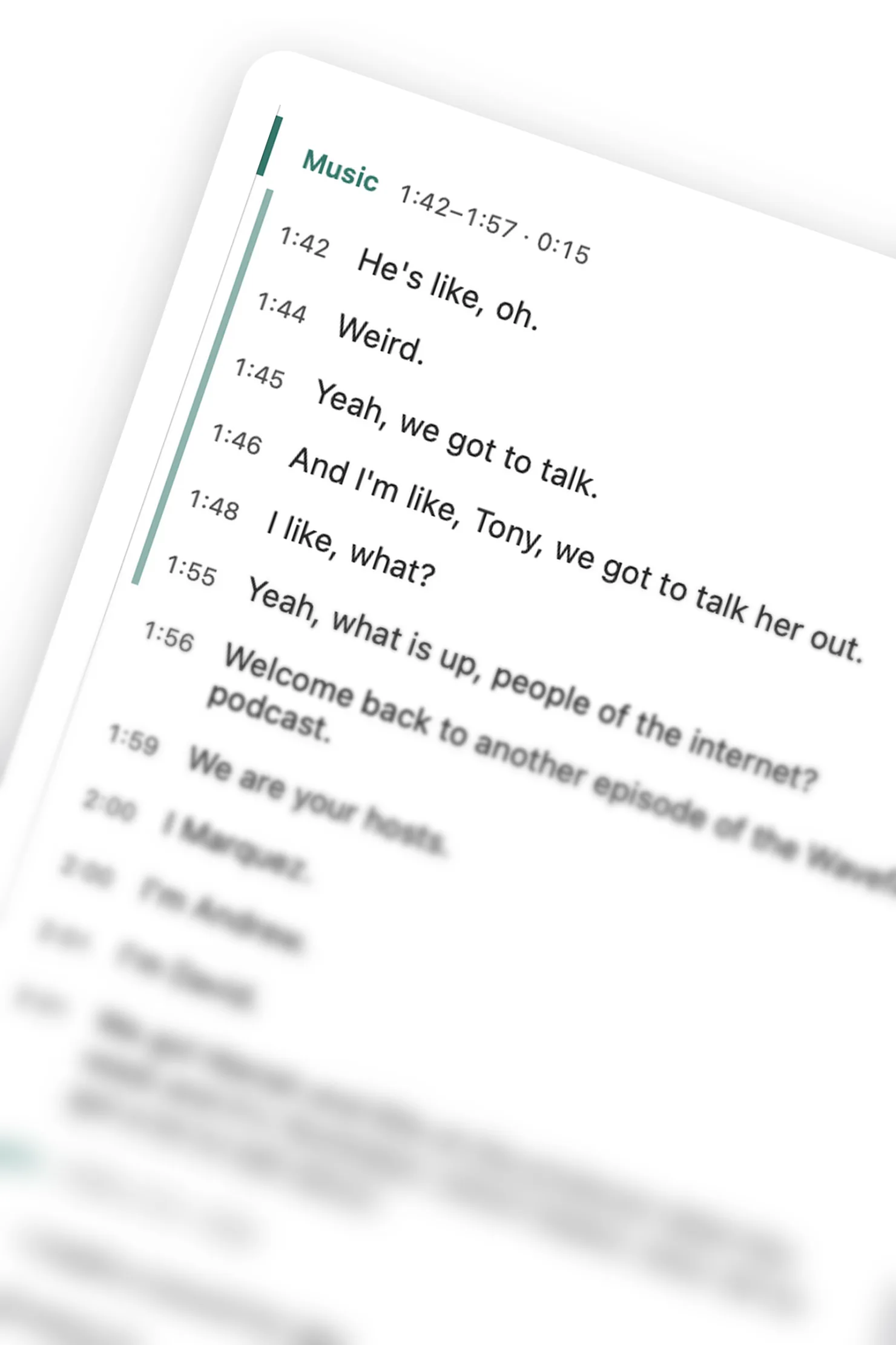 A DarkCast episode transcript with a music section highlighted